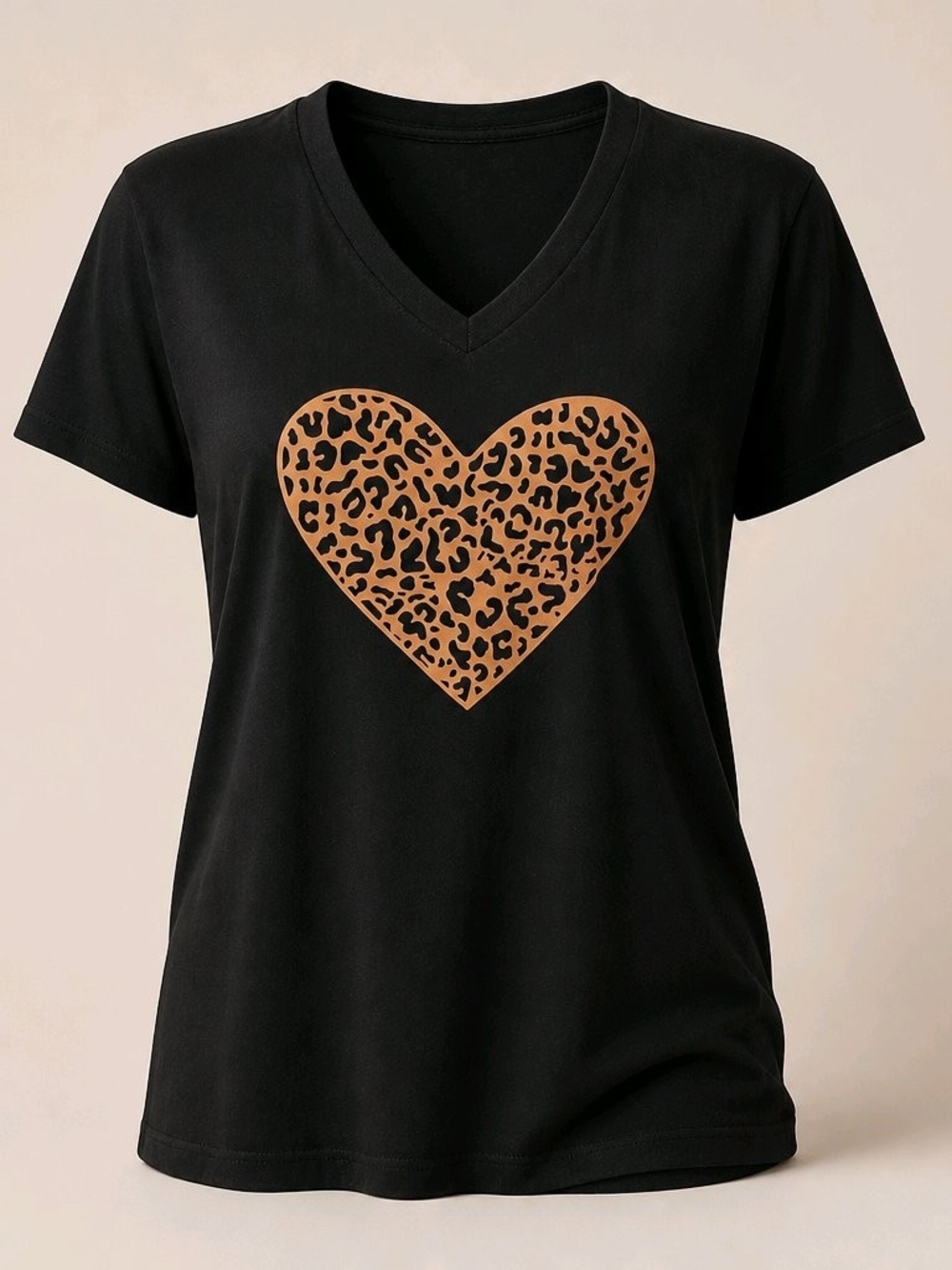 Black V-Neck Tee with Leopard Heart Accent